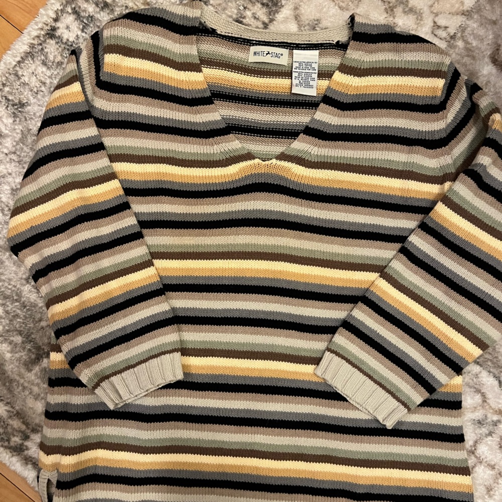 White Stag V-Neck Striped Sweater - Black, Gray, Tan, Yellow